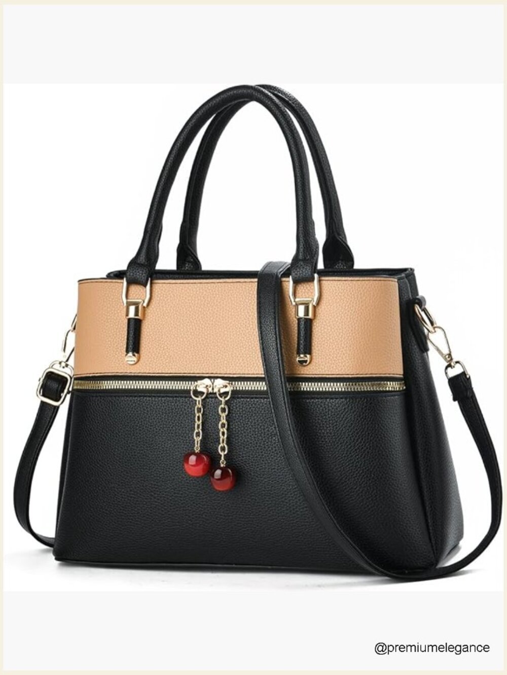 3-Compartment Tote Bag with Cherry Pendant, Faux Leather Shoulder Satchel